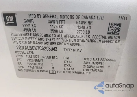 2012 Chevrolet Equinox Ls z USA, uszkodzony, nr VIN 2GNALBEK7C6203942